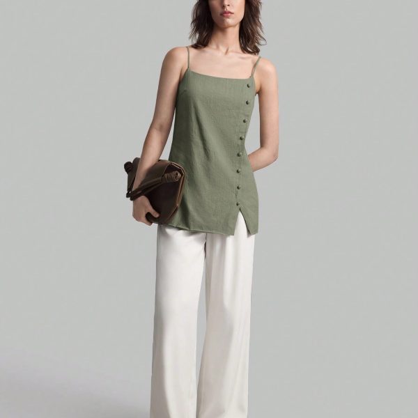 Women Solid Color Spaghetti Strap Tank Top With Side Slit