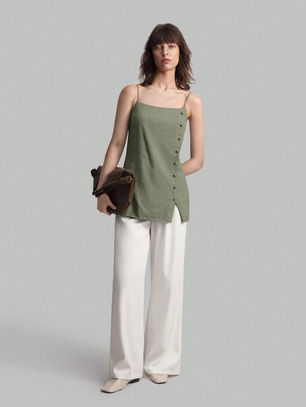 Women Solid Color Spaghetti Strap Tank Top With Side Slit