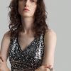 Silver Sequin V-Neck Slit Elegant Evening Party Dress