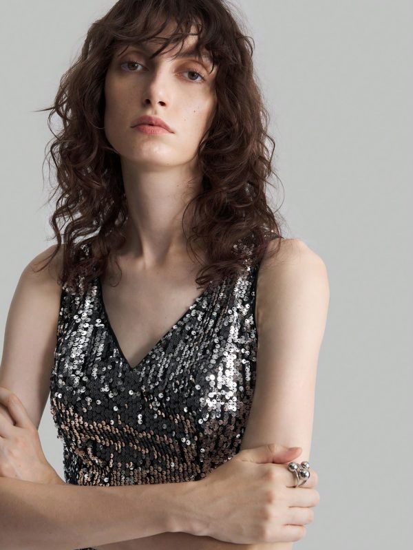 Silver Sequin V-Neck Slit Elegant Evening Party Dress