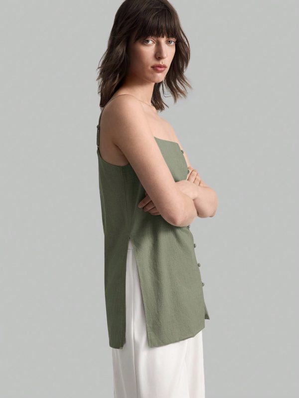 Women Solid Color Spaghetti Strap Tank Top With Side Slit