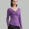 Women's V-Neck Slim Fit Solid Color Criss-Cross Stretchy Long Sleeve Top
