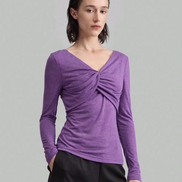 Women's V-Neck Slim Fit Solid Color Criss-Cross Stretchy Long Sleeve Top