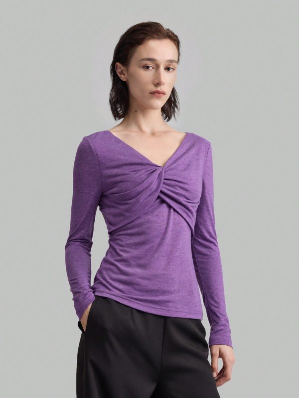 Women's V-Neck Slim Fit Solid Color Criss-Cross Stretchy Long Sleeve Top