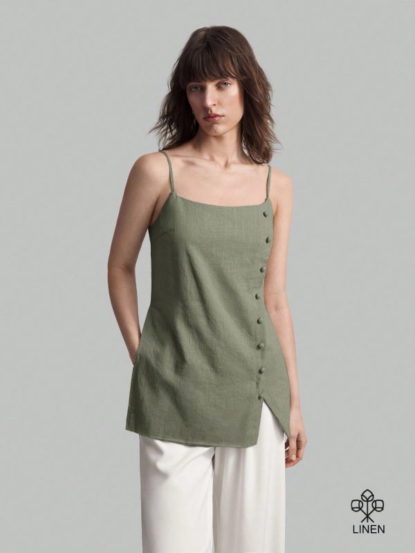 Women Solid Color Spaghetti Strap Tank Top With Side Slit