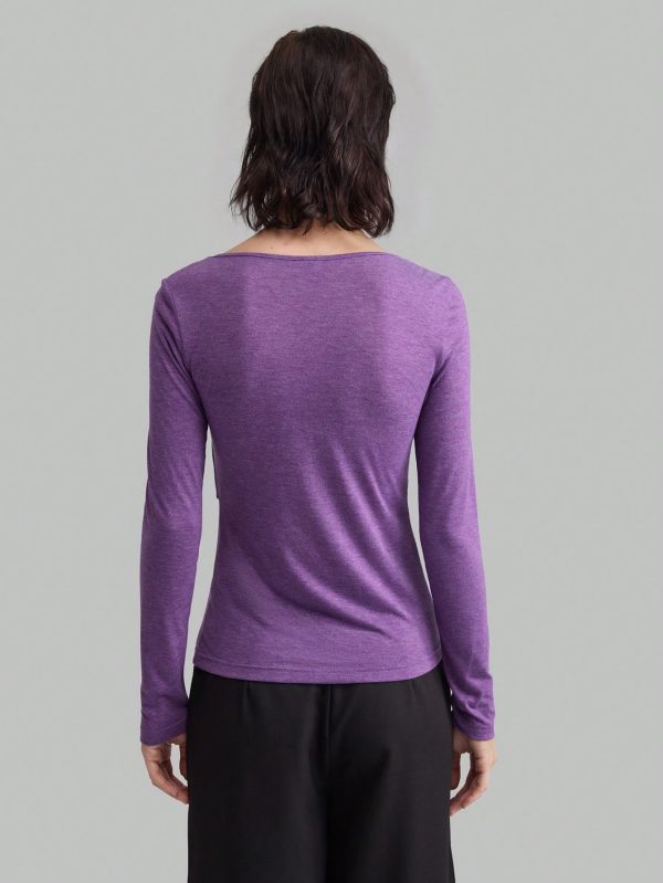 Women's V-Neck Slim Fit Solid Color Criss-Cross Stretchy Long Sleeve Top