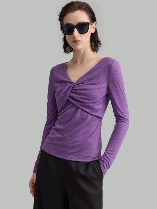 Women's V-Neck Slim Fit Solid Color Criss-Cross Stretchy Long Sleeve Top