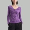 Women's V-Neck Slim Fit Solid Color Criss-Cross Stretchy Long Sleeve Top