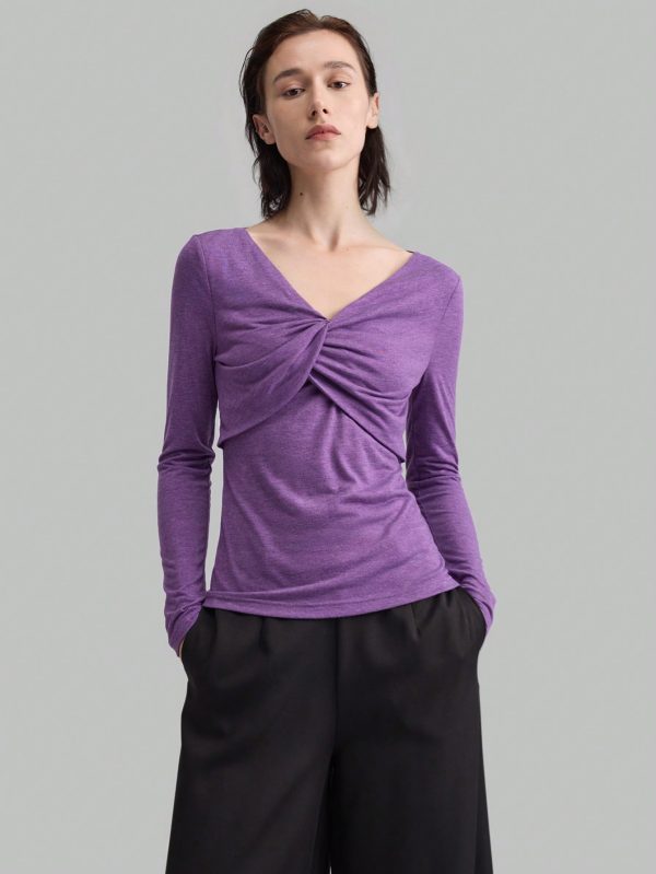 Women's V-Neck Slim Fit Solid Color Criss-Cross Stretchy Long Sleeve Top