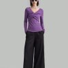 Women's V-Neck Slim Fit Solid Color Criss-Cross Stretchy Long Sleeve Top