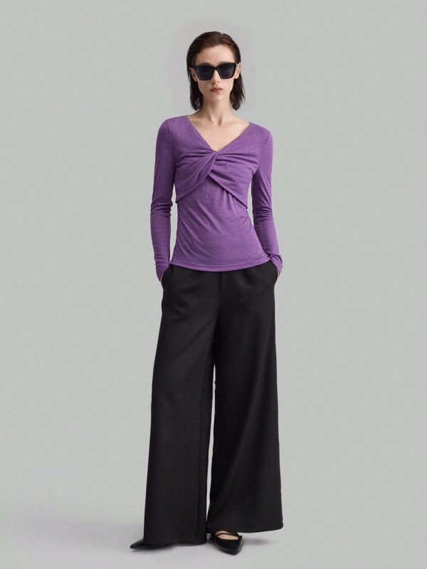 Women's V-Neck Slim Fit Solid Color Criss-Cross Stretchy Long Sleeve Top