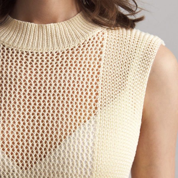 Women's Knitted Tank Top, Stand Collar, Sleeveless, Hollow-Out, Cream Yellow, Autumn Outfit, Back To School, Outdoor Wear