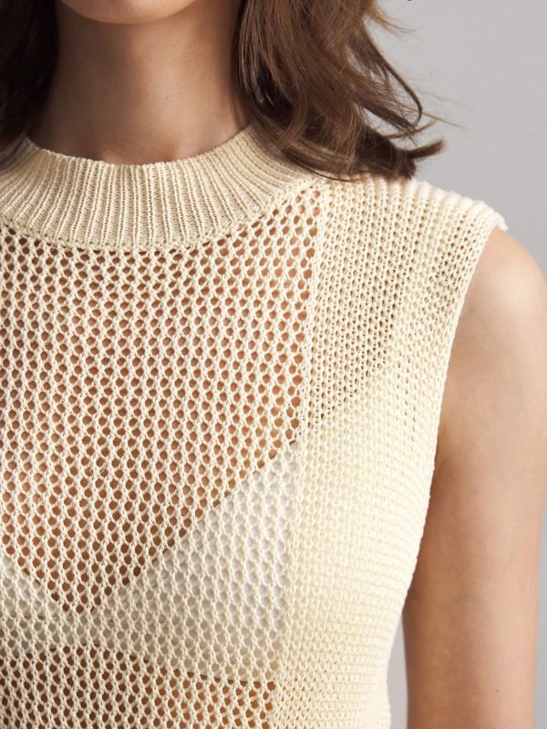 Women's Knitted Tank Top, Stand Collar, Sleeveless, Hollow-Out, Cream Yellow, Autumn Outfit, Back To School, Outdoor Wear
