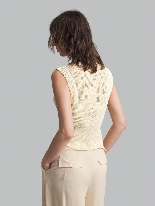 Women's Knitted Tank Top, Stand Collar, Sleeveless, Hollow-Out, Cream Yellow, Autumn Outfit, Back To School, Outdoor Wear