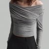 Women Off-Shoulder Long Sleeve Pleated Slim Fit T-Shirt, Spring And Summer, Fall Back-To-School Clothing