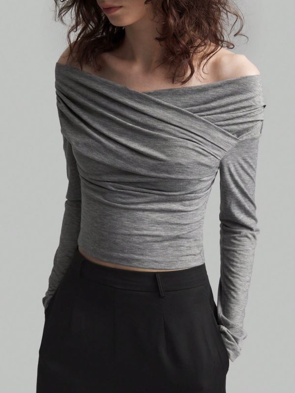 Women Off-Shoulder Long Sleeve Pleated Slim Fit T-Shirt, Spring And Summer, Fall Back-To-School Clothing