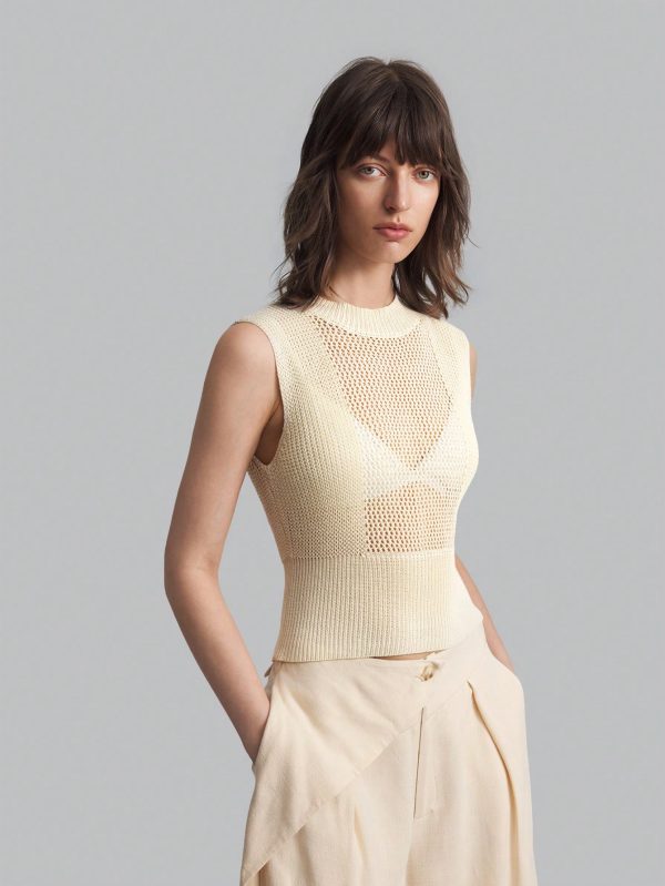 Women's Knitted Tank Top, Stand Collar, Sleeveless, Hollow-Out, Cream Yellow, Autumn Outfit, Back To School, Outdoor Wear