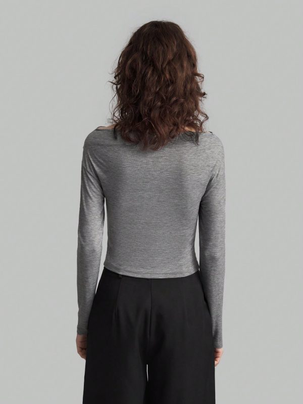 Women Off-Shoulder Long Sleeve Pleated Slim Fit T-Shirt, Spring And Summer, Fall Back-To-School Clothing