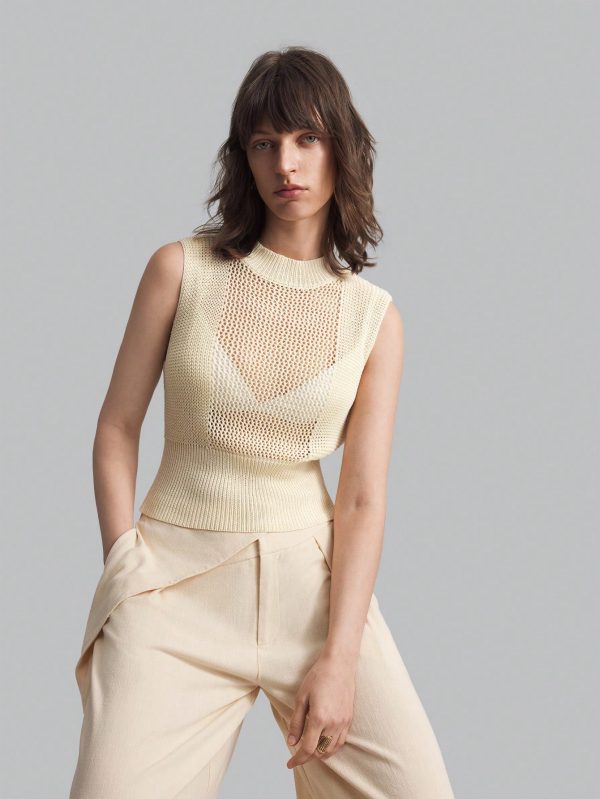 Women's Knitted Tank Top, Stand Collar, Sleeveless, Hollow-Out, Cream Yellow, Autumn Outfit, Back To School, Outdoor Wear