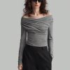 Women Off-Shoulder Long Sleeve Pleated Slim Fit T-Shirt, Spring And Summer, Fall Back-To-School Clothing