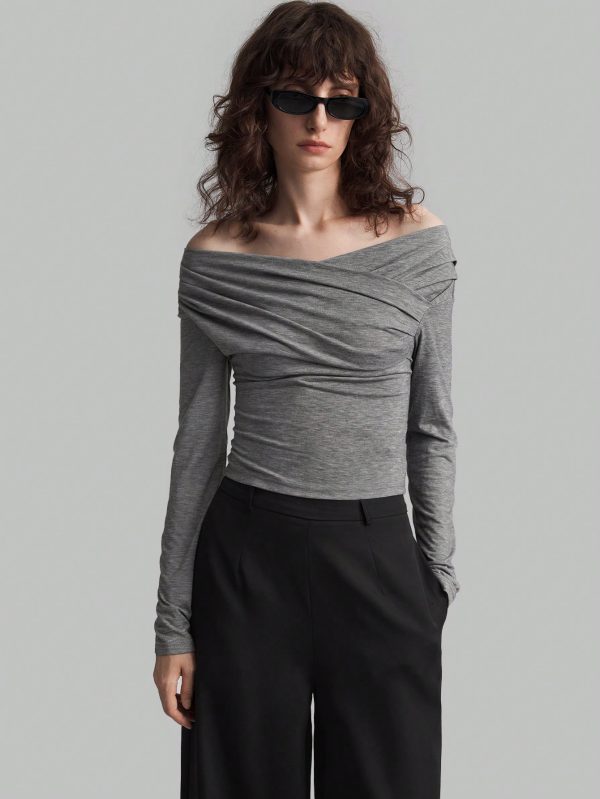 Women Off-Shoulder Long Sleeve Pleated Slim Fit T-Shirt, Spring And Summer, Fall Back-To-School Clothing