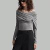 Women Off-Shoulder Long Sleeve Pleated Slim Fit T-Shirt, Spring And Summer, Fall Back-To-School Clothing