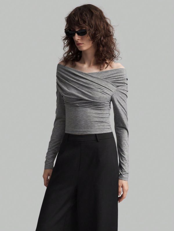 Women Off-Shoulder Long Sleeve Pleated Slim Fit T-Shirt, Spring And Summer, Fall Back-To-School Clothing