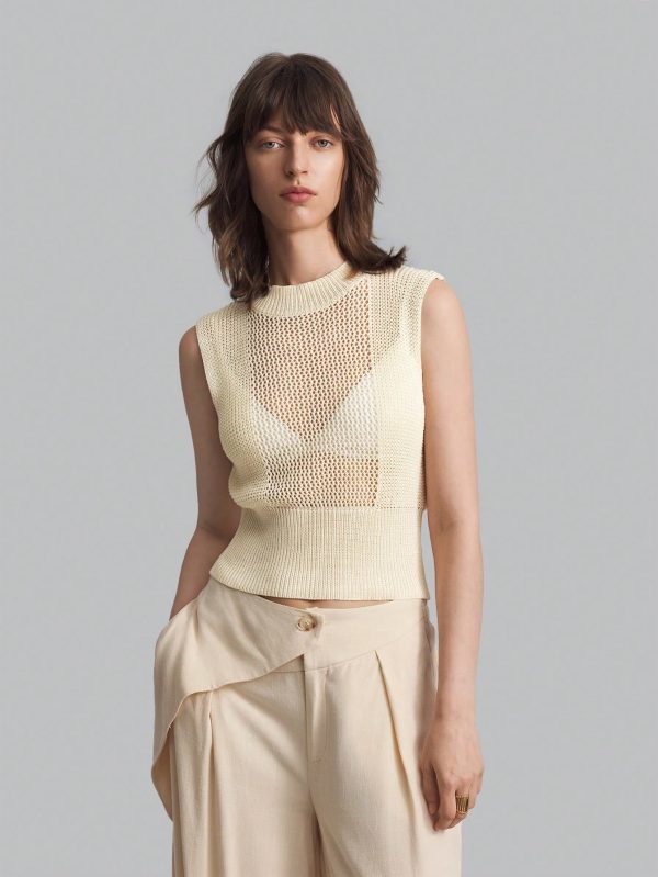 Women's Knitted Tank Top, Stand Collar, Sleeveless, Hollow-Out, Cream Yellow, Autumn Outfit, Back To School, Outdoor Wear