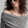 Women Off-Shoulder Long Sleeve Pleated Slim Fit T-Shirt, Spring And Summer, Fall Back-To-School Clothing
