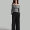 Women Off-Shoulder Long Sleeve Pleated Slim Fit T-Shirt, Spring And Summer, Fall Back-To-School Clothing