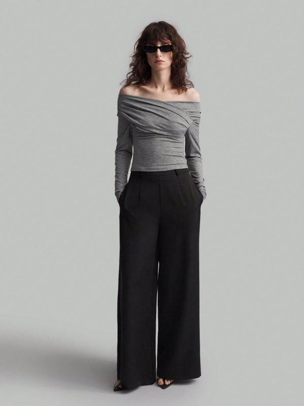 Women Off-Shoulder Long Sleeve Pleated Slim Fit T-Shirt, Spring And Summer, Fall Back-To-School Clothing
