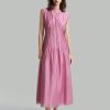 Women's Elegant Solid Color Round Neck Pleated Long Sleeve Dress, Summer