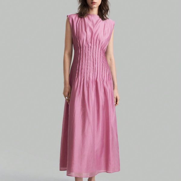 Women's Elegant Solid Color Round Neck Pleated Long Sleeve Dress, Summer