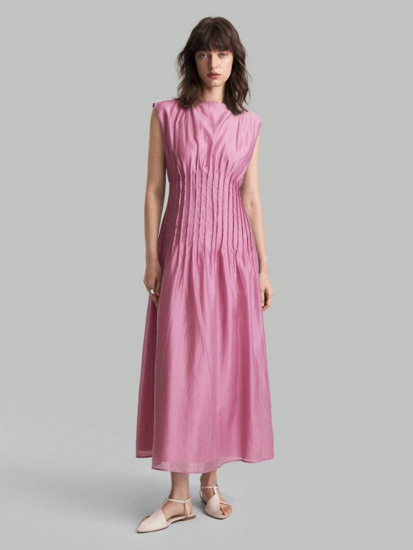 Women's Elegant Solid Color Round Neck Pleated Long Sleeve Dress, Summer