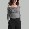 Women Off-Shoulder Long Sleeve Pleated Slim Fit T-Shirt, Spring And Summer, Fall Back-To-School Clothing