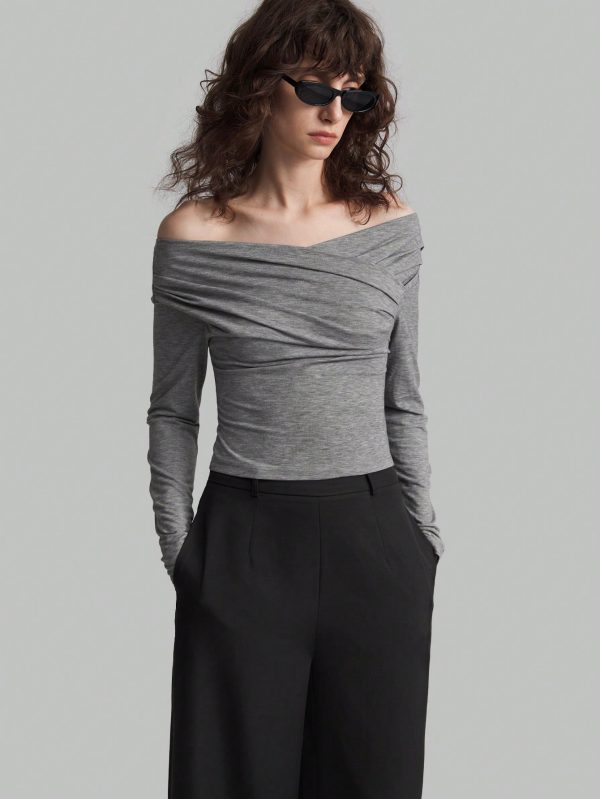 Women Off-Shoulder Long Sleeve Pleated Slim Fit T-Shirt, Spring And Summer, Fall Back-To-School Clothing