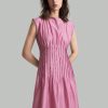 Women's Elegant Solid Color Round Neck Pleated Long Sleeve Dress, Summer