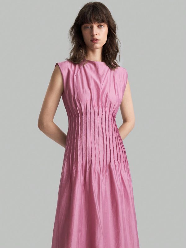 Women's Elegant Solid Color Round Neck Pleated Long Sleeve Dress, Summer