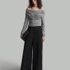 Women Off-Shoulder Long Sleeve Pleated Slim Fit T-Shirt, Spring And Summer, Fall Back-To-School Clothing