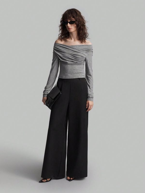 Women Off-Shoulder Long Sleeve Pleated Slim Fit T-Shirt, Spring And Summer, Fall Back-To-School Clothing