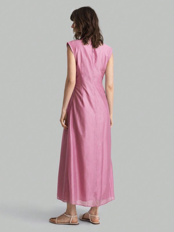 Women's Elegant Solid Color Round Neck Pleated Long Sleeve Dress, Summer