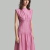 Women's Elegant Solid Color Round Neck Pleated Long Sleeve Dress, Summer