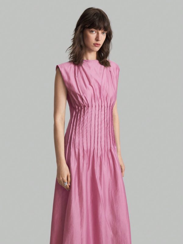 Women's Elegant Solid Color Round Neck Pleated Long Sleeve Dress, Summer