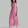 Women's Elegant Solid Color Round Neck Pleated Long Sleeve Dress, Summer