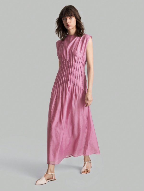 Women's Elegant Solid Color Round Neck Pleated Long Sleeve Dress, Summer