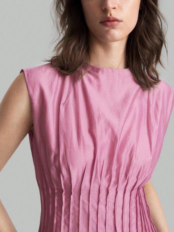 Women's Elegant Solid Color Round Neck Pleated Long Sleeve Dress, Summer