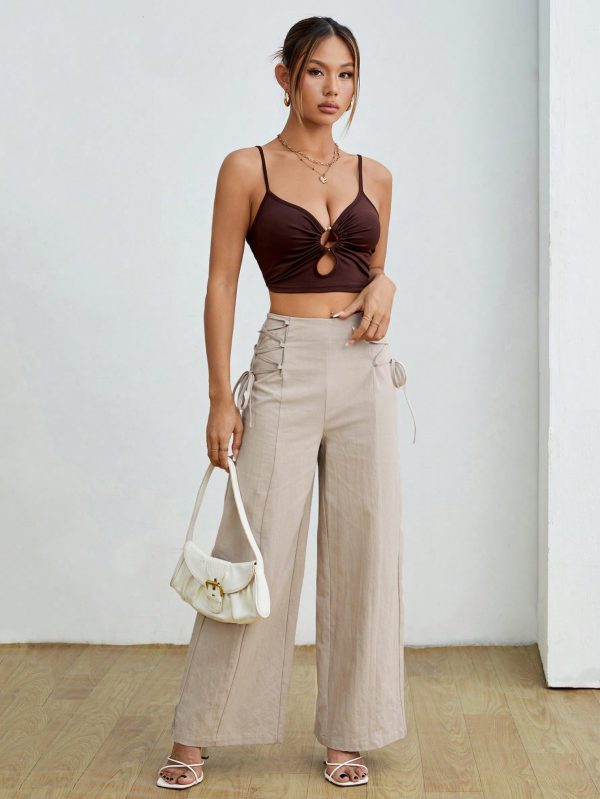 Women's Fashionable High-Waisted Khaki Wide Leg Pants With Belt