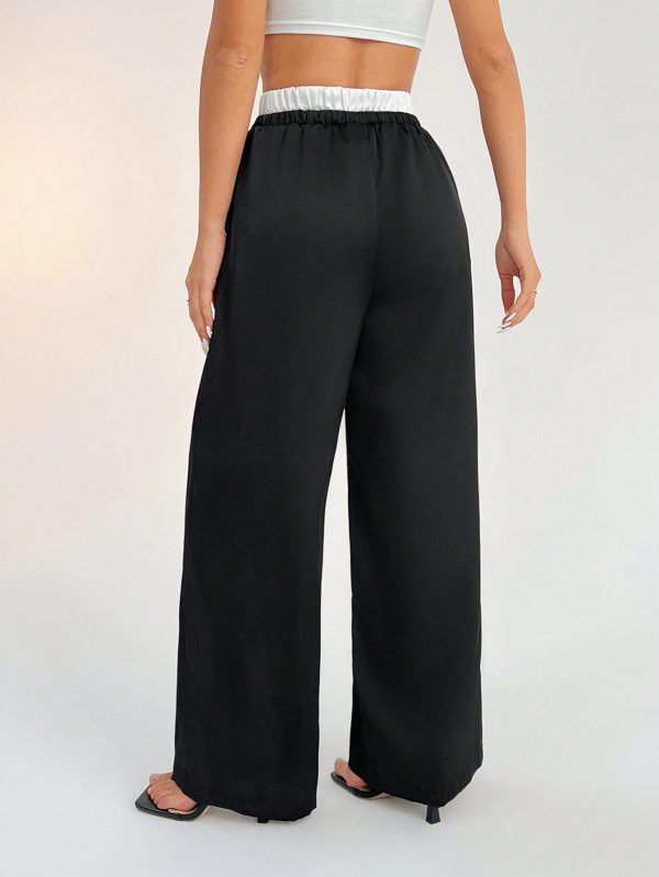Contrast Color Double Waist Satin Glossy Women's Wide Leg Pants