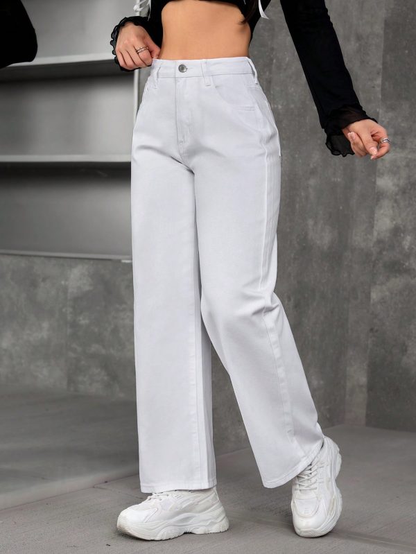 Women's Solid Color Front Button Pocket Simple Casual Denim Pants