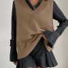 Women V-Neck Sleeveless Side Split Solid Color Fashion Loose Casual Knit Pullover Tank Top Vest